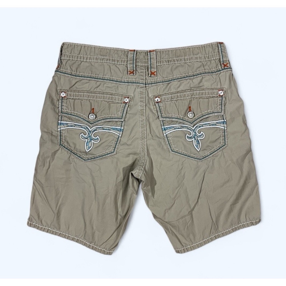 ROCK REVIVAL SHORTS MENS SIZE 36 BEIGE BLUE STITCHING